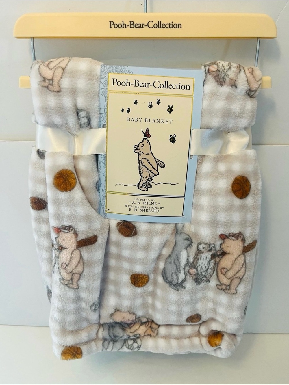 Winnie the Pooh Bear Collection Baby Blanket Sports Brown White Checker Soccer